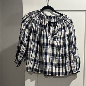 Plaid Smocked-Neck Peasant Blouse - Navy and White